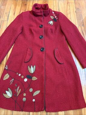 SURKANA Women's Red Embroidered Wool-Blend Coat Fully Lined - LARGE